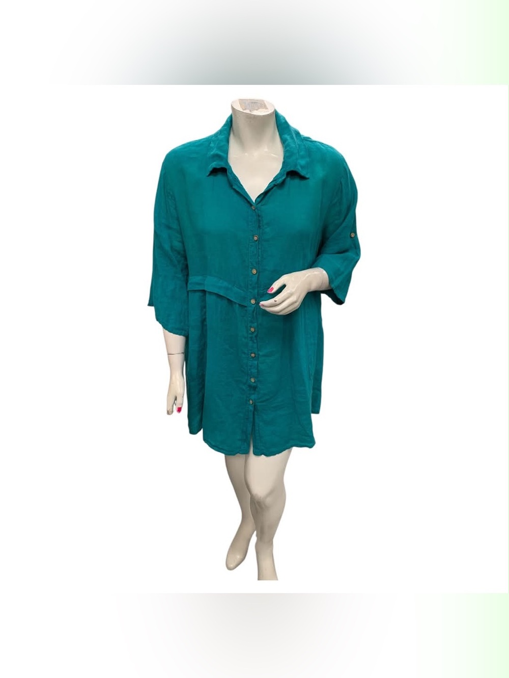 Made In Italy Linen Teal Button-Front Tunic Blouse Size XL